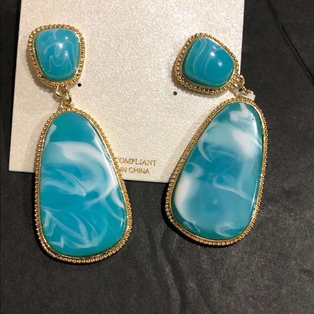 Natasha Couture blue turquoise marbled 2 tier gold trim drop‎ earrings brand new